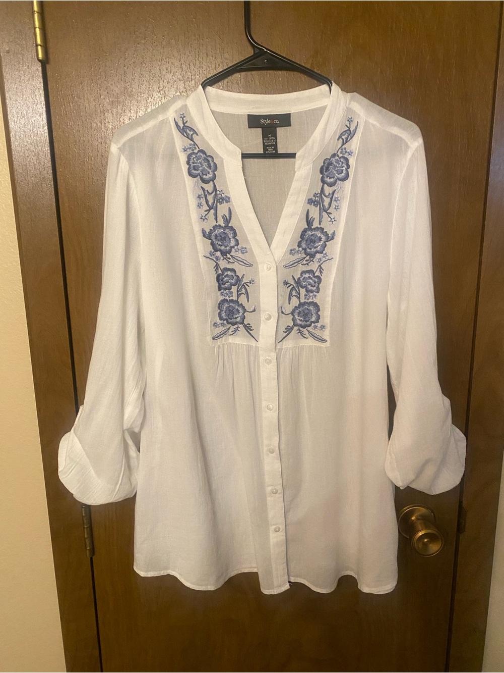 Style & Co. White Button-Front Blouse with Blue Floral Embroidery